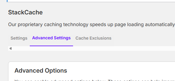 Stack Cache Advanced menu to access options