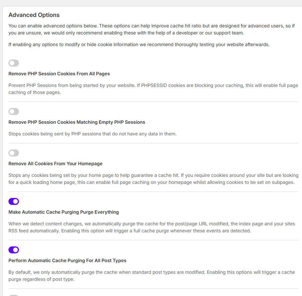 Stack Cache Advanced options